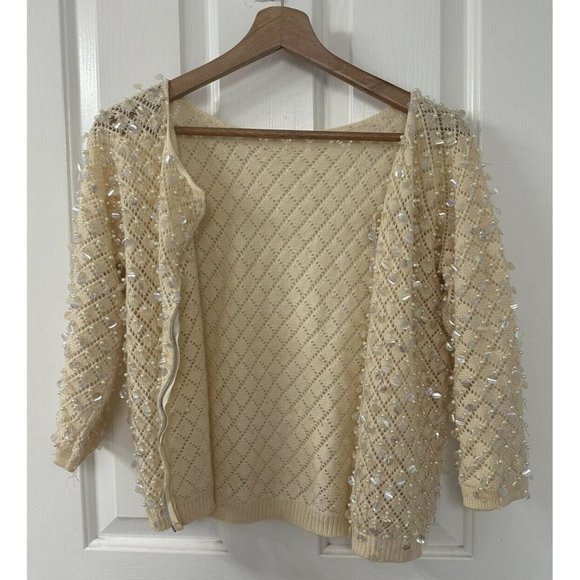 VTG 1950s Sequin Shrug 100% Wool Sweater Cropped Cardigan Bridal Macys Flawed - Picture 1 of 4